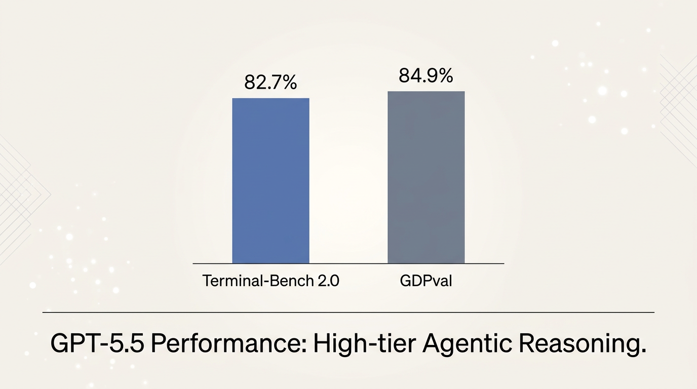 Minimal chart showing GPT-5.5 benchmark scores on Terminal-Bench 2.0 and GDPval.